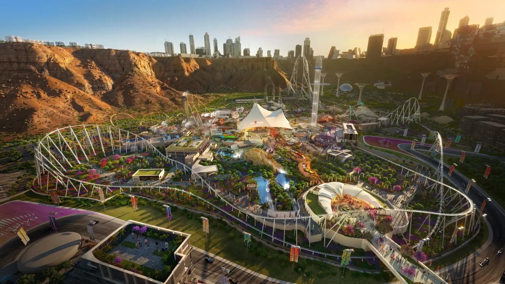Wizualizacja parku rozrywki Qiddiya City w Arabii Saudyjskiej z kolejkami górskimi, zielenią i futurystyczną architekturą na tle pustynnych wzgórz i nowoczesnej panoramy miasta
