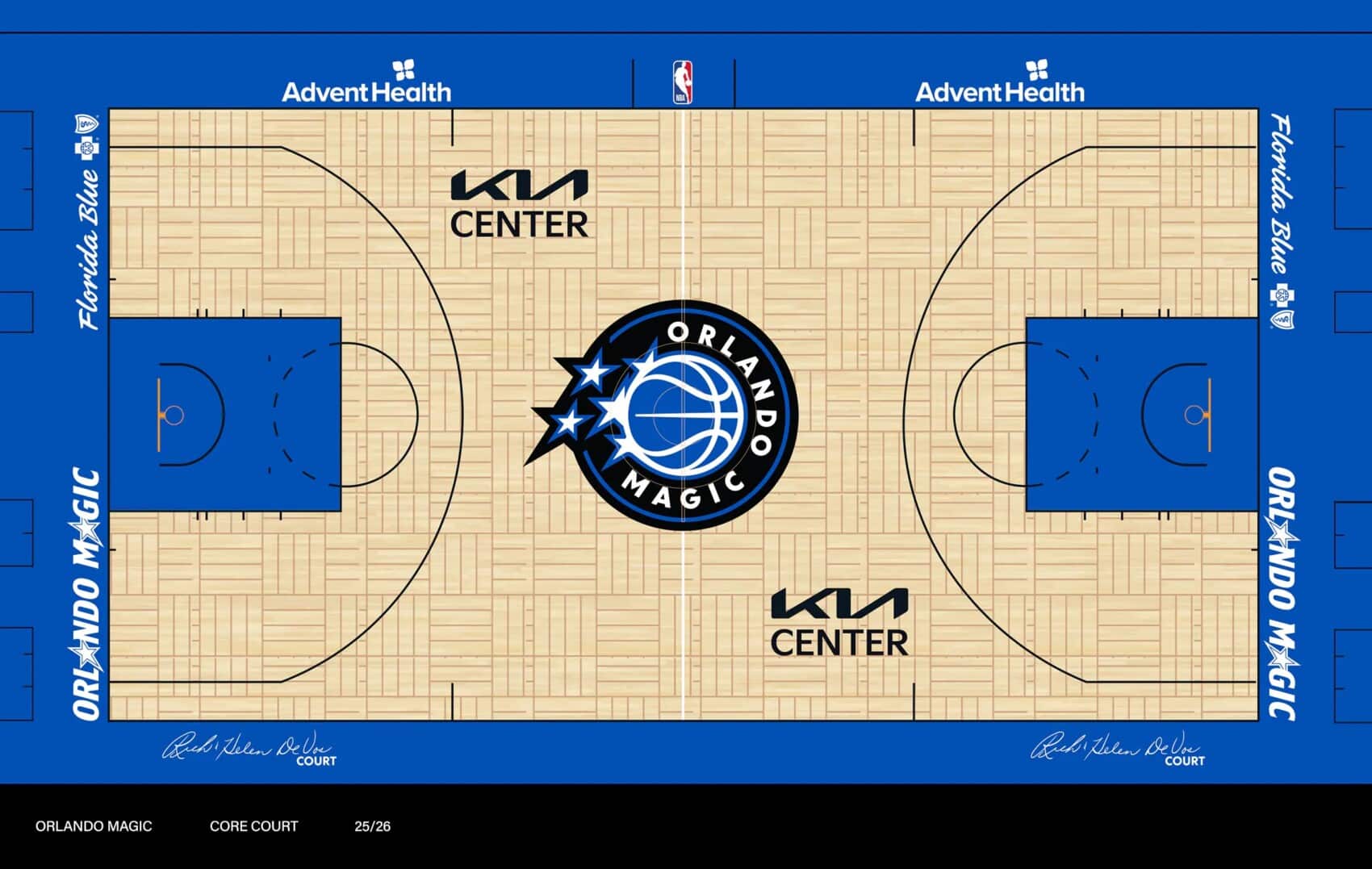 Parkiet do koszykówki z logiem Orlando Magic i KIA