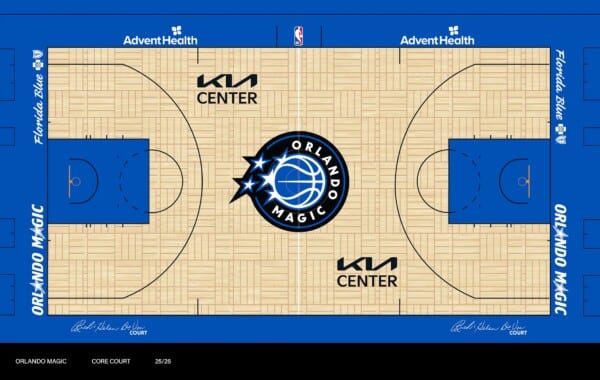 Parkiet do koszykówki z logiem Orlando Magic i KIA