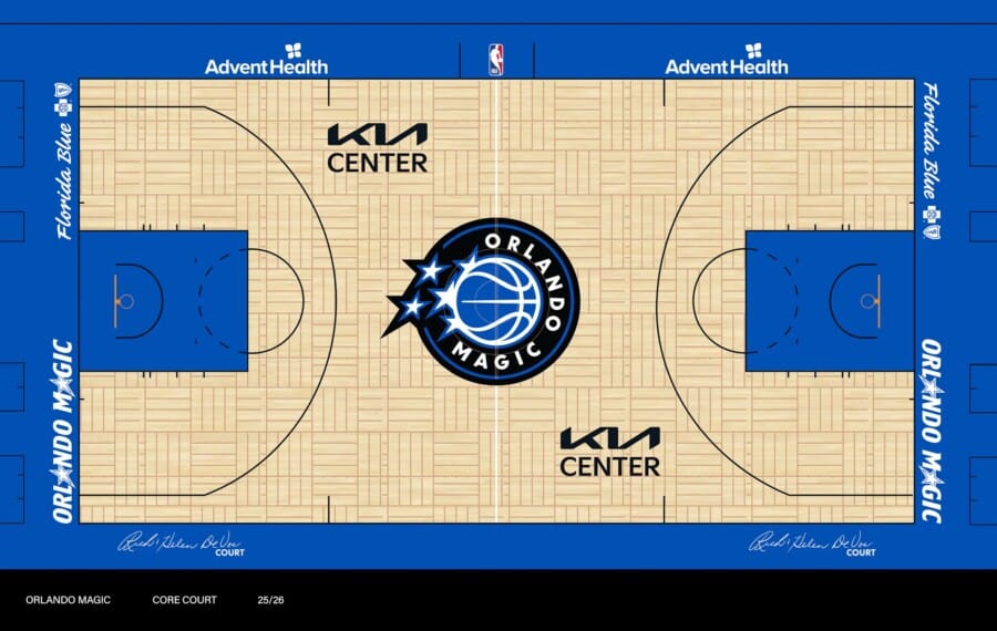 Parkiet do koszykówki z logiem Orlando Magic i KIA