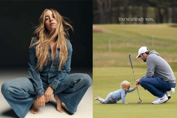 Mężczyzna w sportowym stroju i czapce pokazuje niemowlęciu kij golfowy na zielonym polu golfowym; w tle napis „You’ve already won”.
