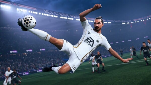 Piłkarz wykonujący efektowną przewrotkę na stadionie w grze EA FC 26 z widocznym logo EA Sports oraz nowym strojem meczowym.