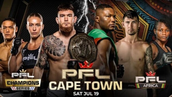 Zawodnicy MMA podczas promocji gali PFL Africa 2025 w Cape Town z mistrzowskim pasem, oficjalna grafika wydarzenia