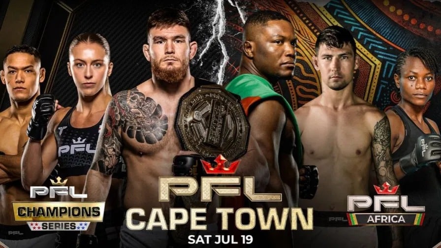Zawodnicy MMA podczas promocji gali PFL Africa 2025 w Cape Town z mistrzowskim pasem, oficjalna grafika wydarzenia