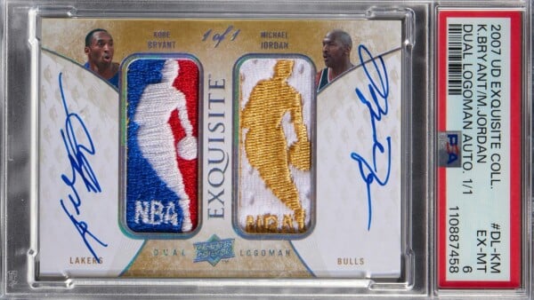 Unikalna karta kolekcjonerska 2007 UD Exquisite z autografami Michaela Jordana i Kobego Bryanta, logotypami NBA oraz certyfikatem PSA EX-MT 6.