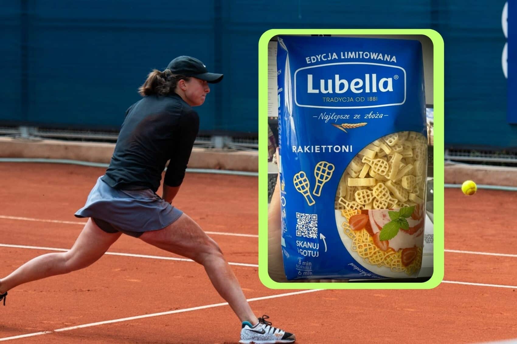 Iga Świątek podczas meczu tenisowego oraz opakowanie makaronu Lubella Rakiettoni w kształcie rakiet tenisowych.