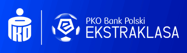 Logo PKO Bank Polski Ekstraklasa na niebieskim tle, oficjalny znak polskiej najwyższej ligi piłkarskiej