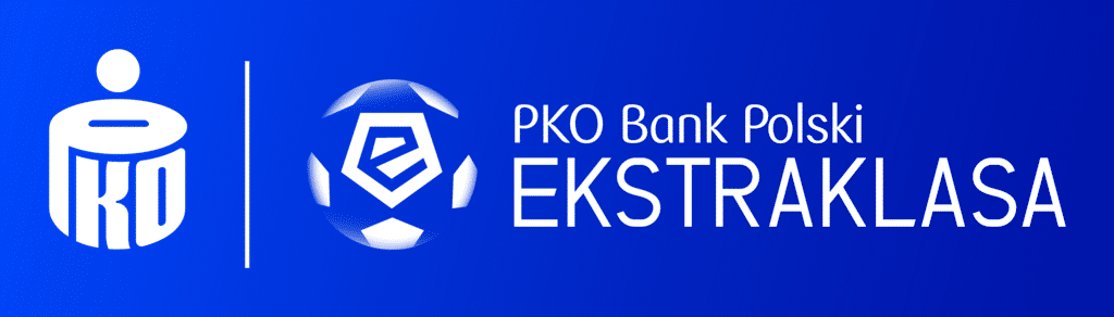 Logo PKO Bank Polski Ekstraklasa na niebieskim tle, oficjalny znak polskiej najwyższej ligi piłkarskiej