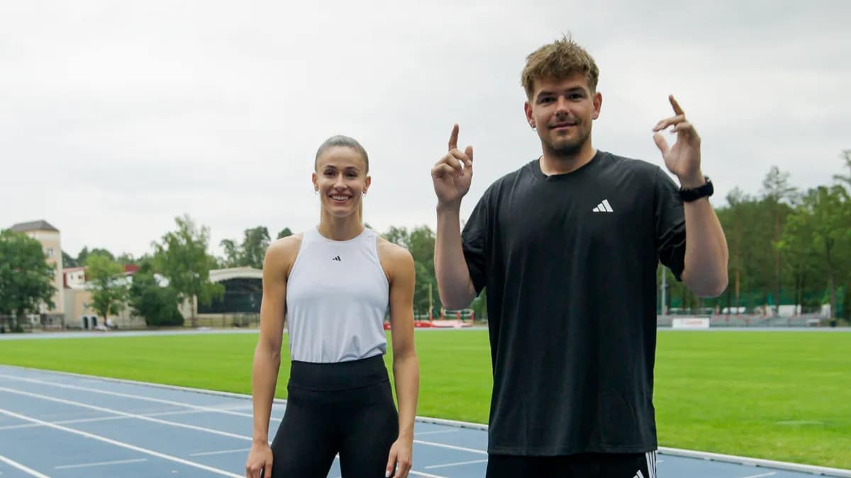 Jakub Patecki i Natalia Bukowiecka stoją na lekkoatletycznej bieżni Stadionu Śląskiego przed startem w Diamentowej Lidze 2025