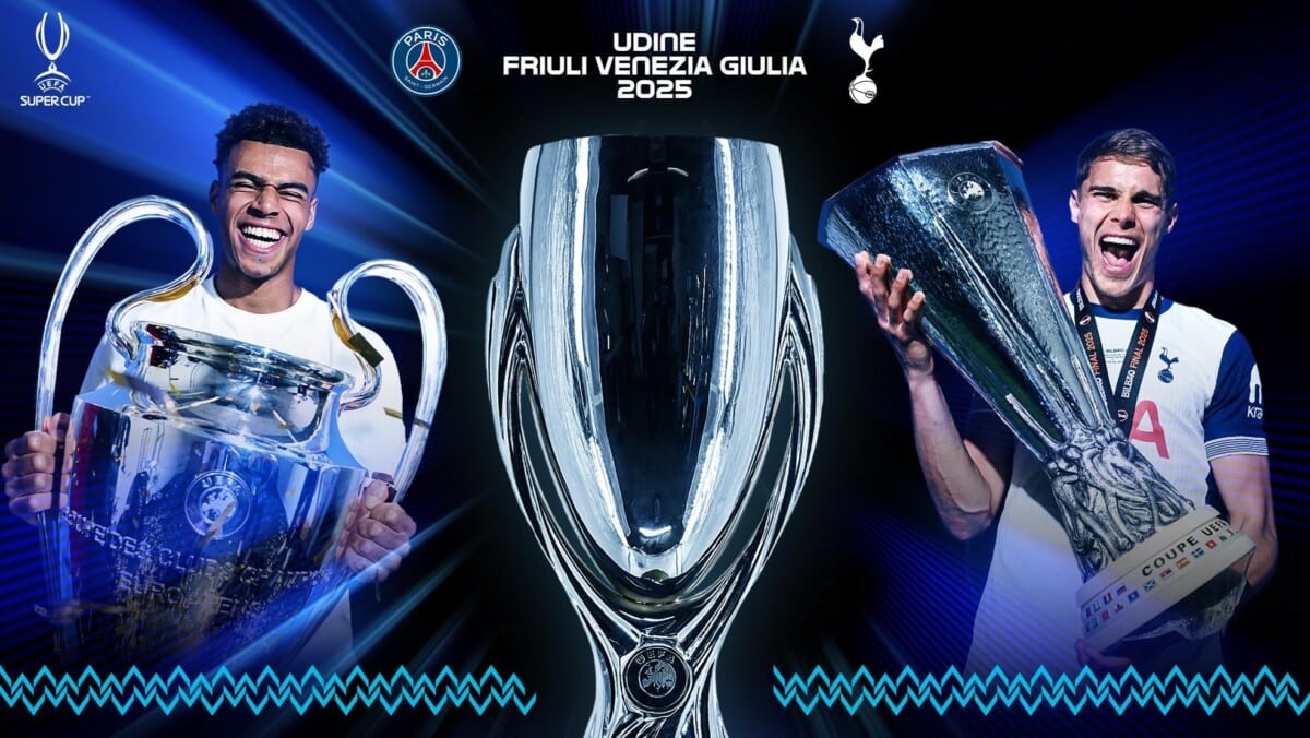 Trofea Ligi Mistrzów, Ligi Europy i Superpucharu UEFA 2025 na tle grafik klubowych PSG i Tottenhamu oraz napisu Udine Friuli Venezia Giulia 2025.