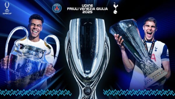 Trofea Ligi Mistrzów, Ligi Europy i Superpucharu UEFA 2025 na tle grafik klubowych PSG i Tottenhamu oraz napisu Udine Friuli Venezia Giulia 2025.