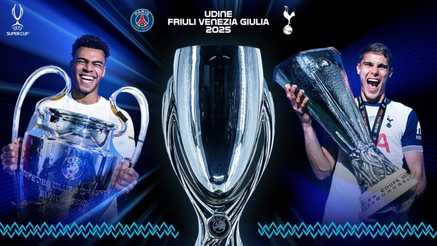 Trofea Ligi Mistrzów, Ligi Europy i Superpucharu UEFA 2025 na tle grafik klubowych PSG i Tottenhamu oraz napisu Udine Friuli Venezia Giulia 2025.