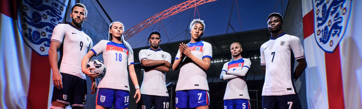 Grupa sześciu zawodników reprezentacji Anglii w piłce nożnej prezentuje oficjalne stroje meczowe na tle Wembley i flag z herbem Anglii na Euro 2026