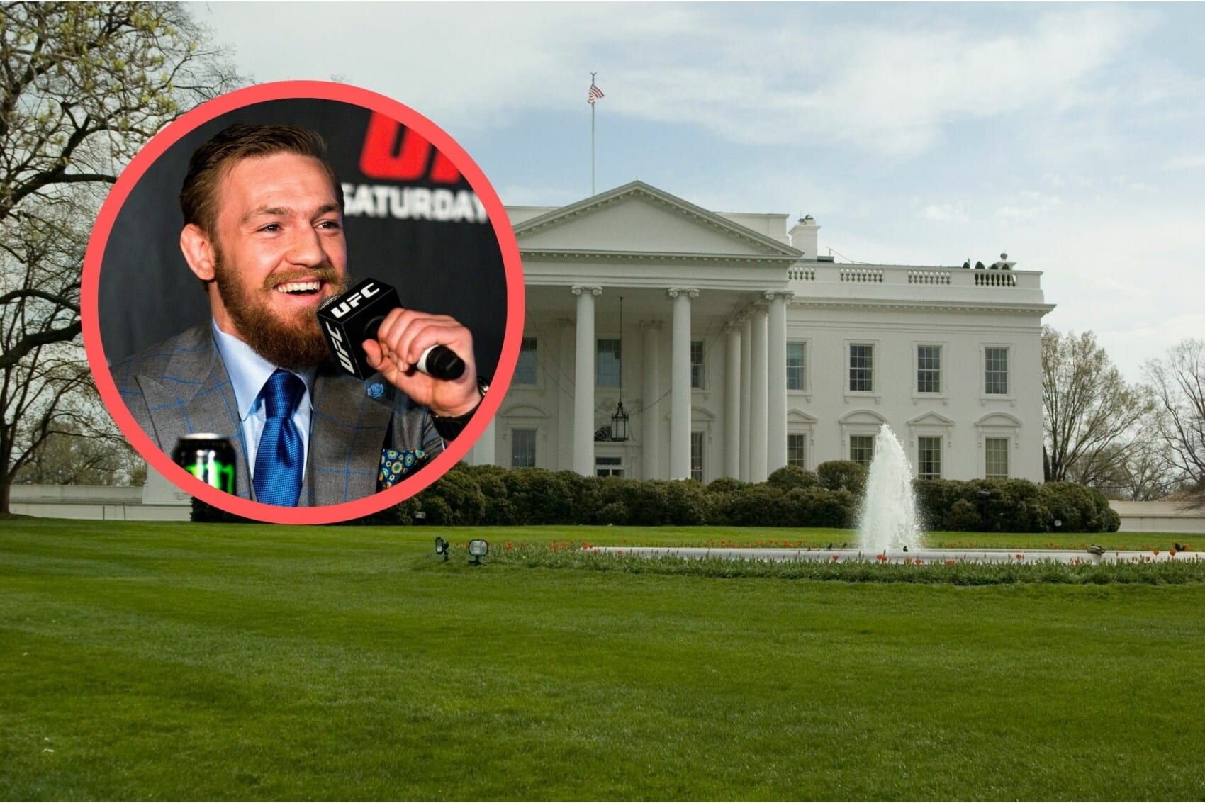 Konferencja UFC na tle Białego Domu, polityka i sport w sercu Waszyngtonu, charakterystyczny mikrofon UFC oraz elegancki garnitur Conora McGregora