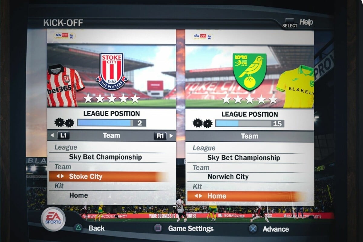 Ekran wyboru drużyn w grze FIFA, Stoke City i Norwich City w Sky Bet Championship, widoczne pozycje ligowe oraz stroje zespołów.
