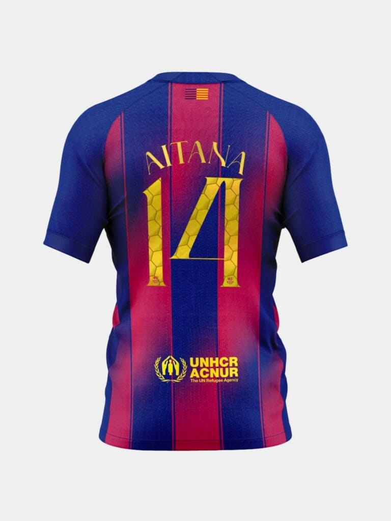 Koszulka piłkarska FC Barcelona Aitana Bonmatí z numerem 14 i logo UNHCR na plecach, oficjalny strój na sezon 2024/25SEO title: Koszulka FC Barcelona Aitana Bonmatí z numerem 14 i logo UNHCR – sezon 2024/25