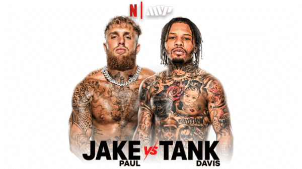 Plakat promujący walkę bokserską Jake Paul vs Tank Davis z widocznymi licznymi tatuażami, logo Netflix oraz napisami MVP Boxing, przygotowany na oficjalne wydarzenie sportowe