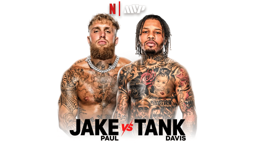 Plakat promujący walkę bokserską Jake Paul vs Tank Davis z widocznymi licznymi tatuażami, logo Netflix oraz napisami MVP Boxing, przygotowany na oficjalne wydarzenie sportowe