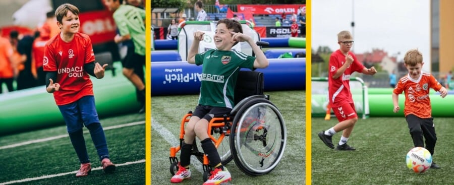 Dzieci z niepełnosprawnościami grające w piłkę podczas turnieju Futbol Plus na boisku Areny PreZero w Gliwicach; widoczne stroje drużyn, sportowe emocje i integracja.