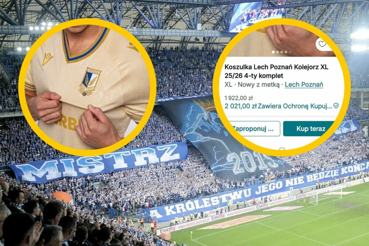 Sprzedaż limitowanej złotej koszulki Lecha Poznań 2025/26 za ponad 2000 zł na tle trybuny stadionu z oprawą kibiców Kolejorza