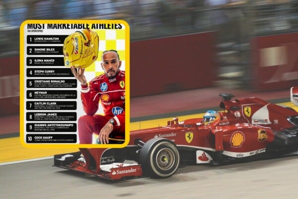 Lista Top 10 najbardziej marketingowych sportowców według SportPro, z kierowcą Formuły 1 w stroju Ferrari, samochodem wyścigowym Ferrari na torze oraz nazwiskami sportowców takich jak Lewis Hamilton, Simone Biles, Cristiano Ronaldo, Steph Curry i inni.