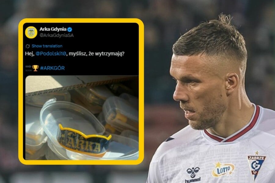 Arka Gdynia prowokuje Lukasa Podolskiego wpisem na platformie X z grafiką ochraniacza na zęby z napisem ARKA przed meczem z Górnikiem Zabrze.