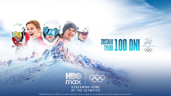 Grafika promocyjna HBO Max na Zimowe Igrzyska Olimpijskie Mediolan-Cortina 2026, sportowcy w zimowej scenerii Dolomitów, odliczanie 100 dni do igrzysk, widoczne loga: HBO Max, igrzyska olimpijskie, Milano Cortina 2026.