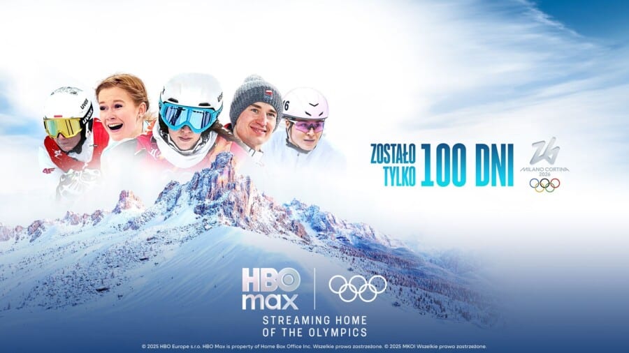 Grafika promocyjna HBO Max na Zimowe Igrzyska Olimpijskie Mediolan-Cortina 2026, sportowcy w zimowej scenerii Dolomitów, odliczanie 100 dni do igrzysk, widoczne loga: HBO Max, igrzyska olimpijskie, Milano Cortina 2026.