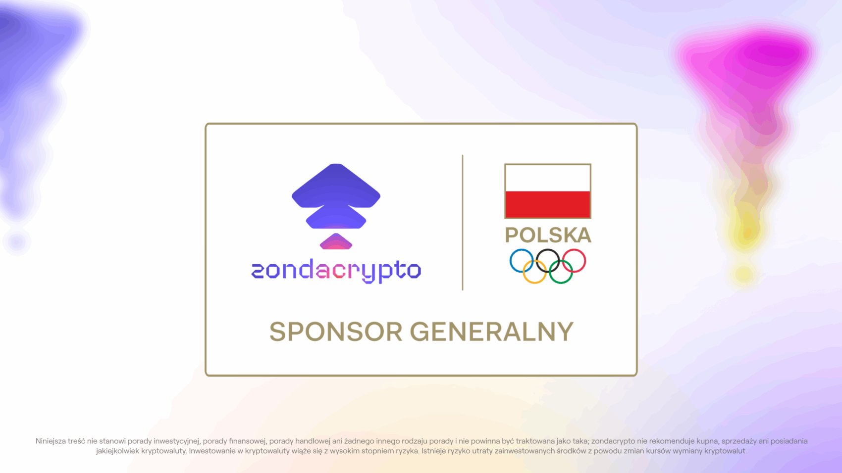 Zondacrypto logo and Polish Olympic Committee emblem side by side, highlighting Zondacrypto as the general sponsor. Image includes Polish flag, Olympic rings, and modern background design