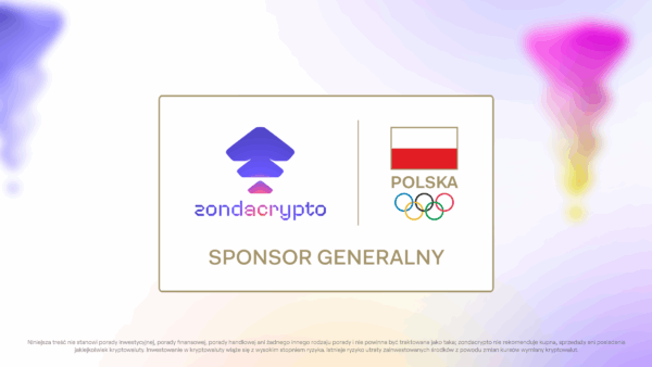 Zondacrypto logo and Polish Olympic Committee emblem side by side, highlighting Zondacrypto as the general sponsor. Image includes Polish flag, Olympic rings, and modern background design