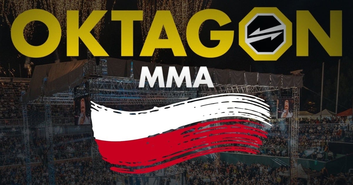 Logo Oktagon MMA oraz flaga Polski na tle rozświetlonej areny podczas gali mieszanych sztuk walki.