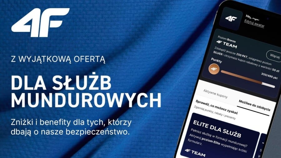 Oferta 4F Team Elite dla służb mundurowych – zniżki i benefity dla funkcjonariuszy w programie lojalnościowym aplikacji mobilnej marki 4F.