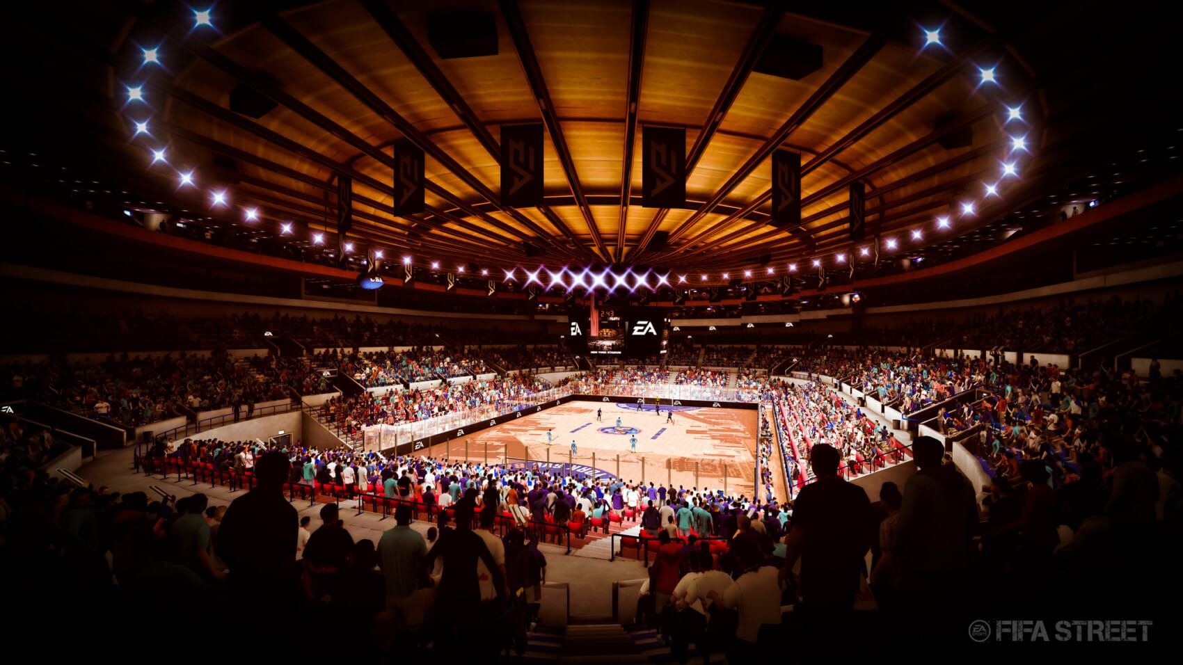Wypełniona kibicami hala sportowa podczas meczu futsalu lub street football, realistyczna grafika EA Sports, nowoczesne oświetlenie i dynamiczna atmosfera rozgrywk