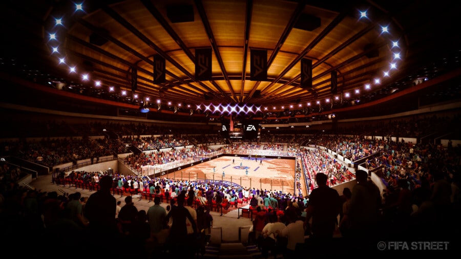 Wypełniona kibicami hala sportowa podczas meczu futsalu lub street football, realistyczna grafika EA Sports, nowoczesne oświetlenie i dynamiczna atmosfera rozgrywk