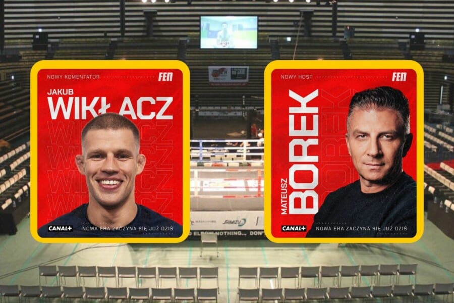 Promocyjna grafika FEN MMA – Jakub Wikłacz nowy komentator, Mateusz Borek nowy host federacji, gala transmitowana przez CANAL+ na tle hali sportowej.