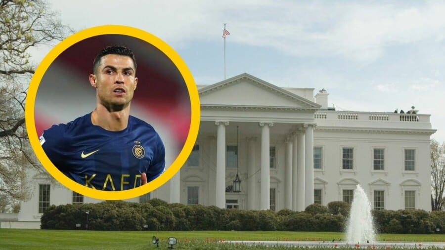 Cristiano Ronaldo w koszulce Al Nassr przed Białym Domem podczas wizyty w USA, spotkanie z Donaldem Trumpem i przedstawicielami Arabii Saudyjskiej.