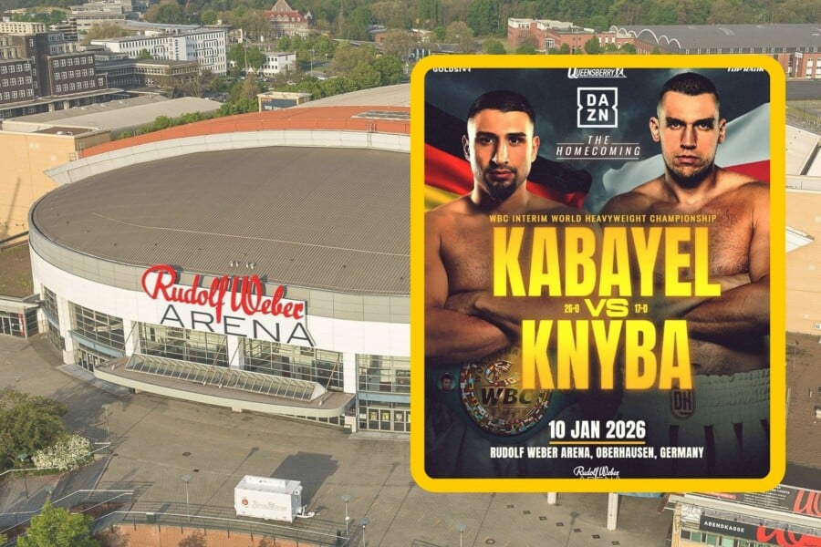 Plakat walki bokserskiej Kabayel vs Knyba o tymczasowy tytuł WBC w wadze ciężkiej, odbywającej się 10 stycznia 2026 roku w Rudolf Weber Arena w Oberhausen w Niemczech. Na pierwszym planie sylwetki zawodników z pasem mistrzowskim, tło z flagami Niemiec i Polski.