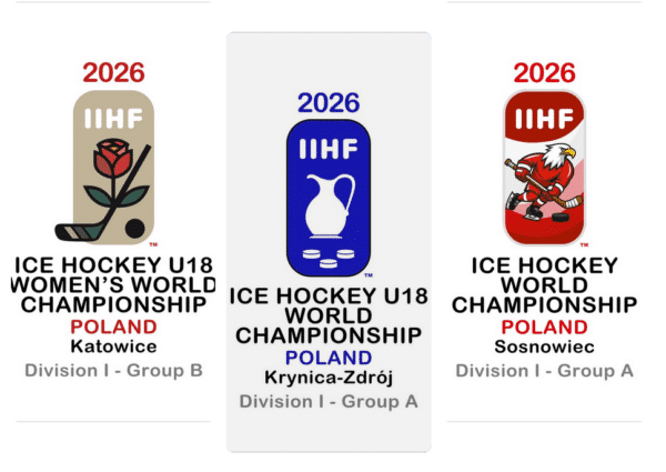 Oficjalne logotypy IIHF Mistrzostw Świata Juniorów U18 2026 w Polsce – Division I Grupa B Kobiet (Katowice, styczeń), Division I Grupa A Mężczyzn (Krynica-Zdrój, kwiecień) i Division I Grupa B Mężcz