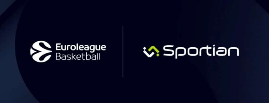 Baner partnerski Turkish Airlines Euroleague Basketball i Sportiantinian z białymi logotypami ligi koszykarskiej (stylizowana litera E) oraz zielono-białym logo sponsora na ciemnoniebieskim tle z geometrycznymi smugami i napisem Basketball.