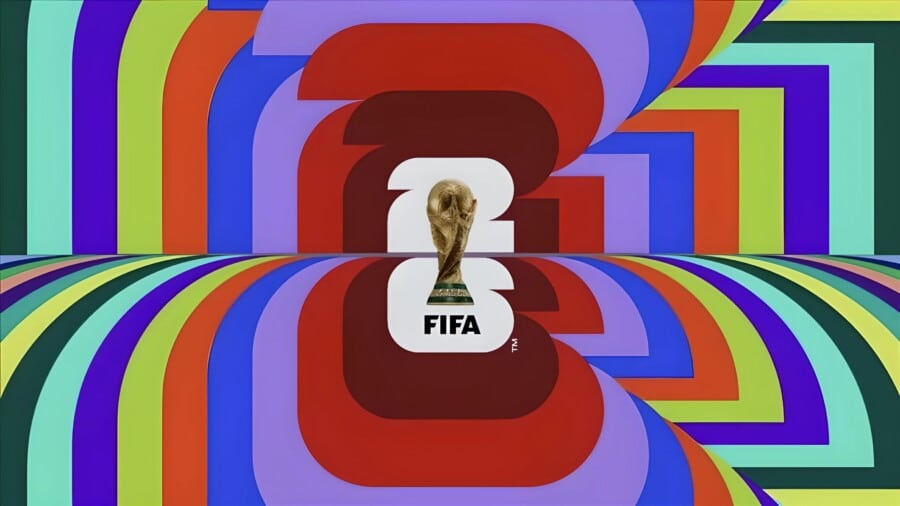 Kolorowa grafika z oficjalnym logo Mistrzostw Świata FIFA 2026, z centralnie umieszczonym pucharem świata na tle abstrakcyjnych, wielobarwnych kształtów.