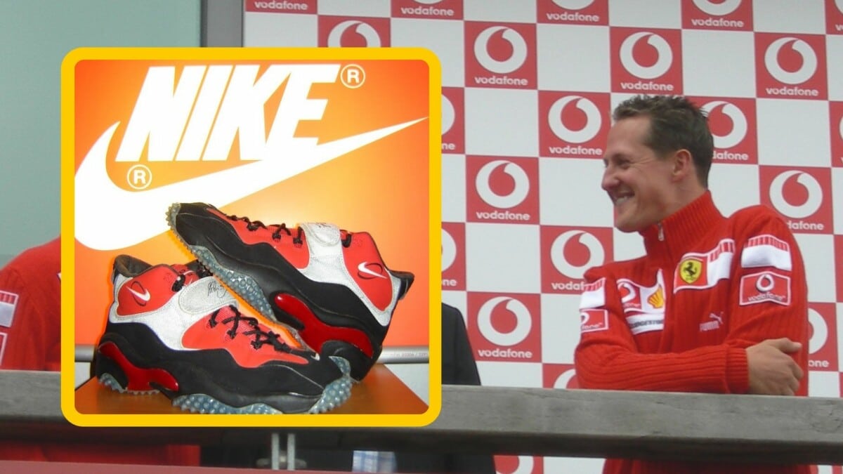 Michael Schumacher uśmiecha się, obok zdjęcie butów Nike