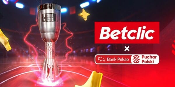 Grafika promująca Betclic jako sponsora Pucharu Polski w koszykówce organizowanego przez Bank Pekao S.A. z wizerunkiem pucharu trofeum.
