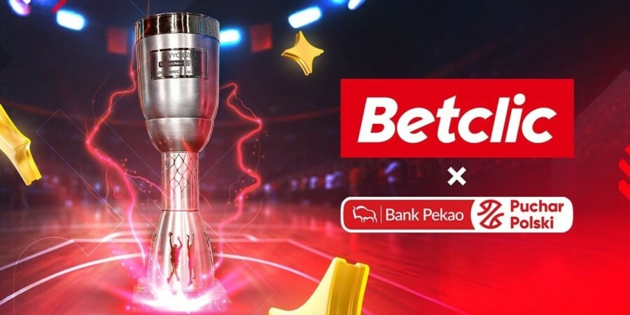 Grafika promująca Betclic jako sponsora Pucharu Polski w koszykówce organizowanego przez Bank Pekao S.A. z wizerunkiem pucharu trofeum.