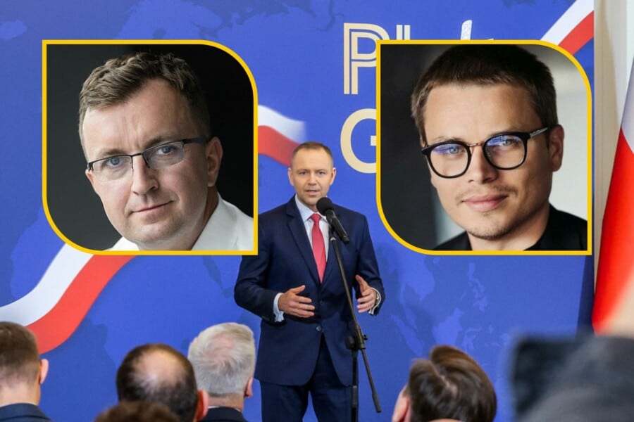 Karol Nawrocki podczas konferencji przy okazji powołania Rady Biznesu. Obok zdjęcie profilowe Roberta Dobrzyckiego (po lewej) i Jarosława Królewskiego (po prawej)