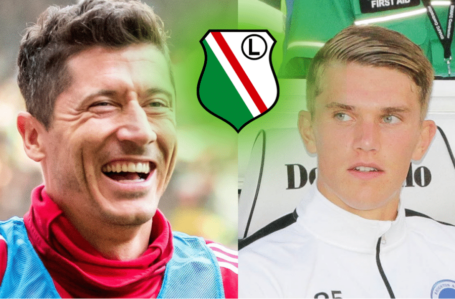 Montaż zdjęcia Roberta Lewandowskiego i Viktora Gyökeres obok herbu Legii Warszawa – symbol niewykorzystanych szans transferowych klubu z Łazienkowskiej.