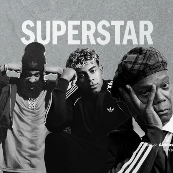Czarno-białe zdjęcie promocyjne kampanii adidas Originals Superstar przedstawiające Kendall Jenner, Lamine Yamala oraz Samuela L. Jacksona na tle napisu SUPERSTAR.