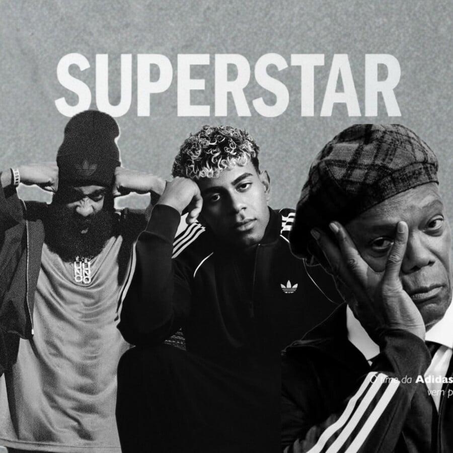 Czarno-białe zdjęcie promocyjne kampanii adidas Originals Superstar przedstawiające Kendall Jenner, Lamine Yamala oraz Samuela L. Jacksona na tle napisu SUPERSTAR.