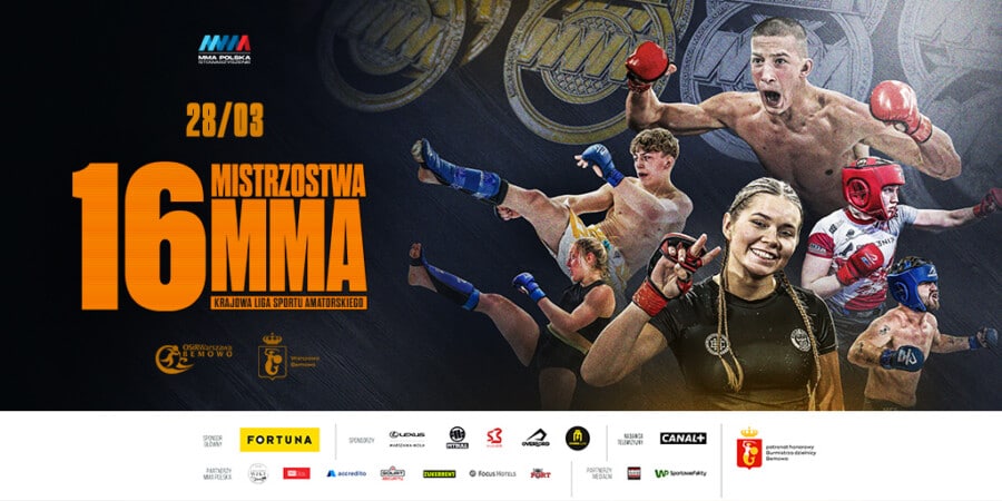 Oficjalny plakat 16. Mistrzostw MMA Stowarzyszenia MMA Polska, 28 marca w hali OSiR Bemowo Warszawa, z fighterami w akcji, sponsorami Fortuna i HMA