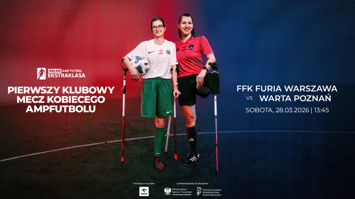 Grafika promocyjna z Ekstraklasy Ampfutbolu: zawodniczki Furia Warszawa i Warta Poznań z protezami na boisku, trzymające piłkę, data 28.05.2026 – pierwsze klubowe mecze kobiet w Europie