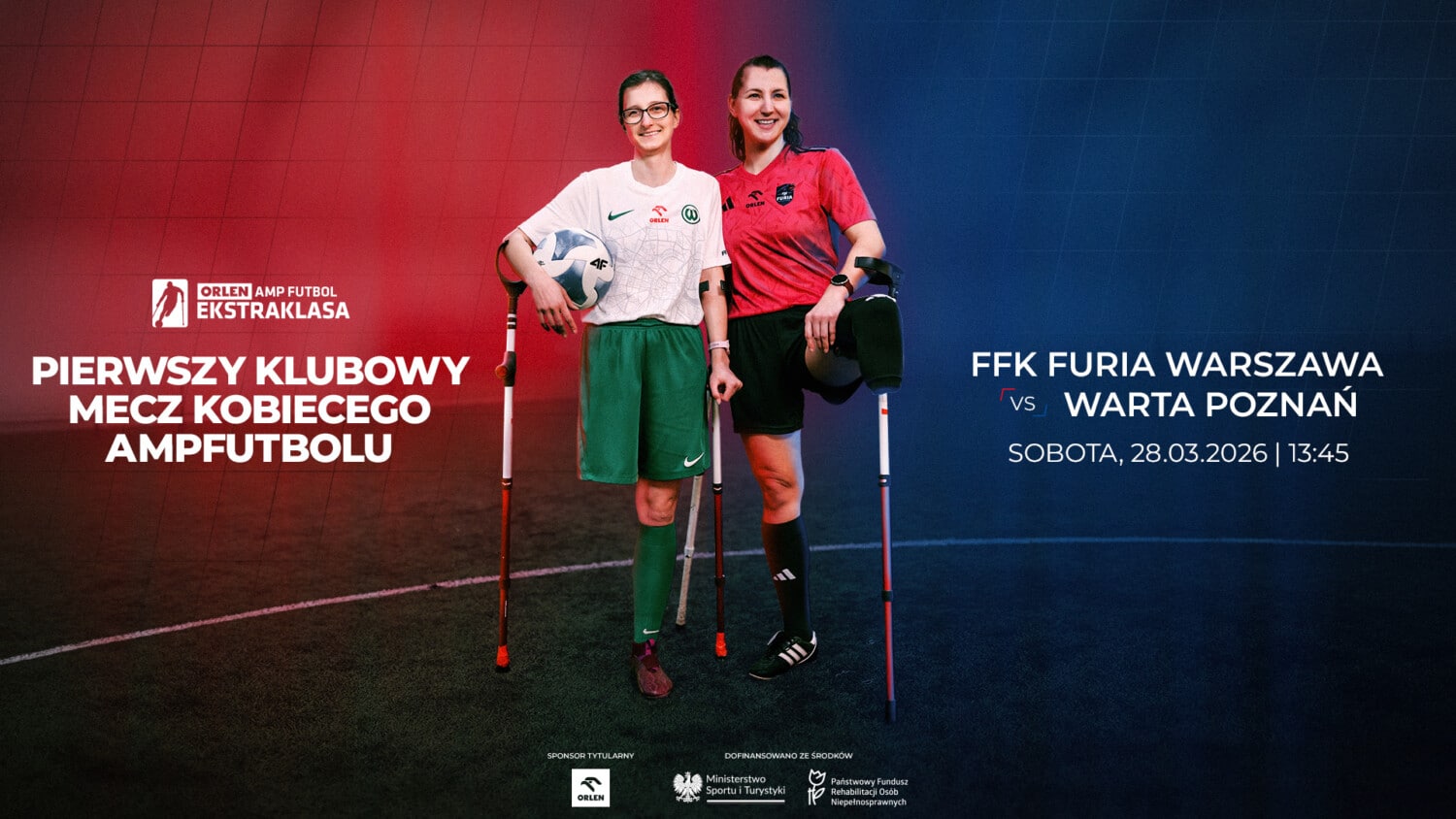 Grafika promocyjna z Ekstraklasy Ampfutbolu: zawodniczki Furia Warszawa i Warta Poznań z protezami na boisku, trzymające piłkę, data 28.05.2026 – pierwsze klubowe mecze kobiet w Europie